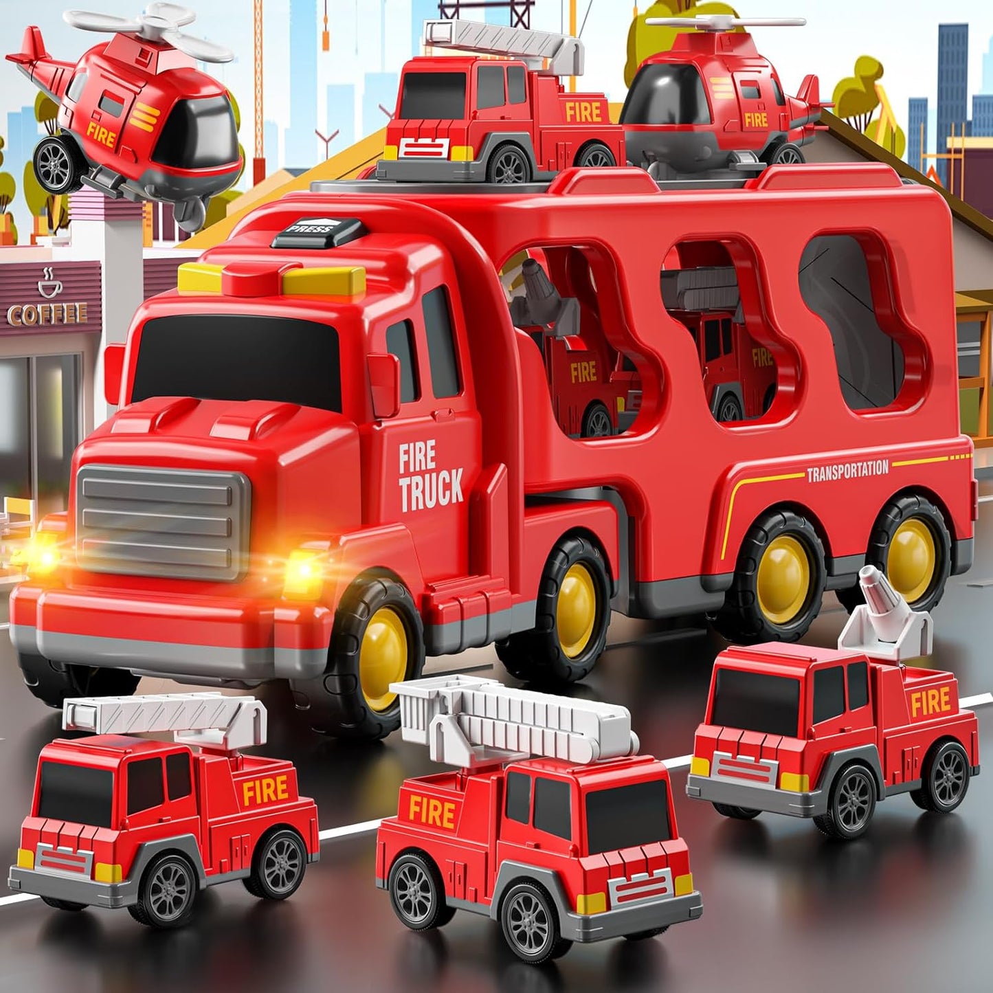 Toybharat Fire Carrier Truck | Multicolour | Interactive Toys |Battery Operated Light And Sound Effect Truck for Kids Gift