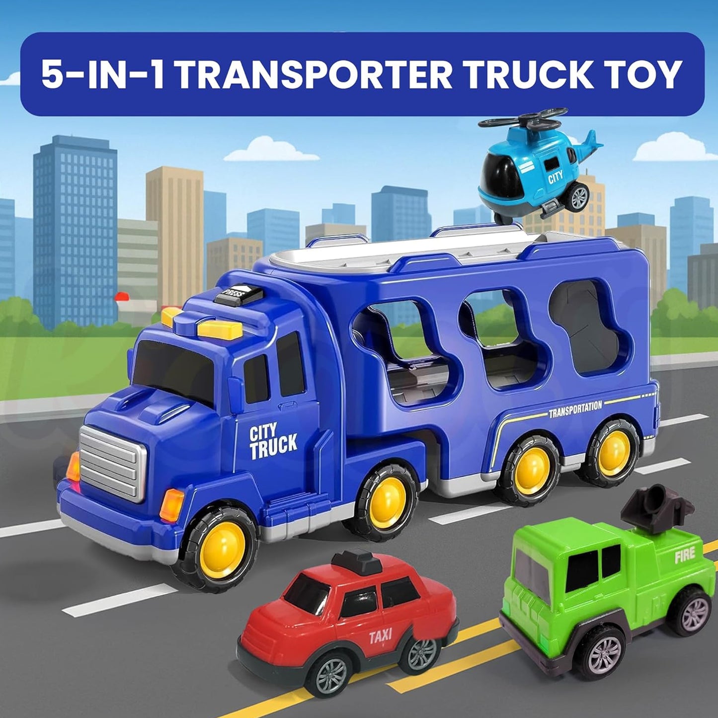 Toybharat City Transporter Carrier Truck | Multicolor | Interactive Toys |Battery Operated Light And Sound Effect Truck for Kids Gift