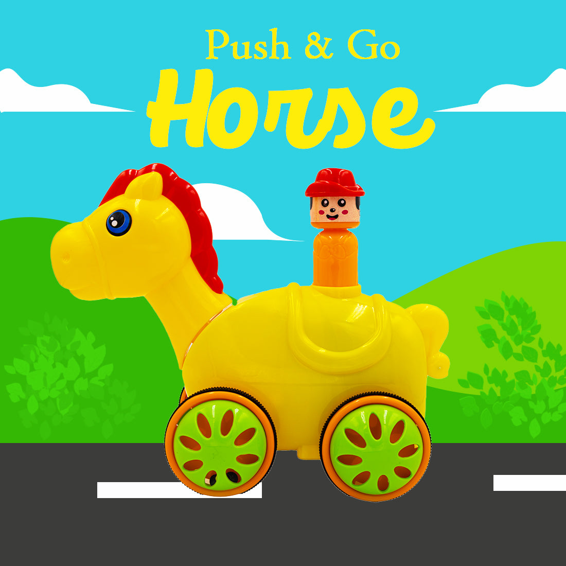 ToyBharat Push N Go Horse – A fun travel toy for kids aged 1-6 years with a realistic design. Made in India, safe and non-toxic, ideal for indoor and outdoor play. A perfect multicolour birthday gift for kids.