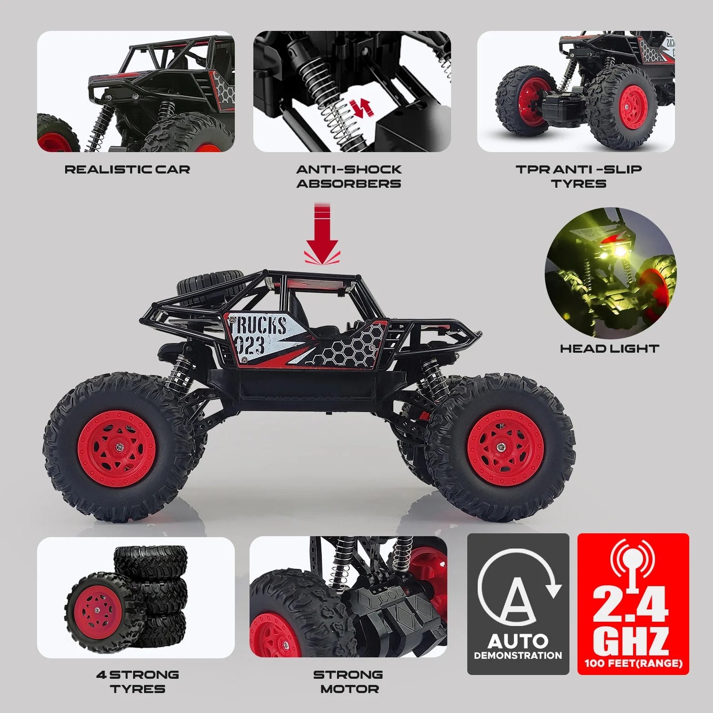 ToyBharat RC Monster Remote Control Car is a powerful multicolour electronic car toy with stunt action. Safe, durable, and exciting for kids, it's ideal for indoor and outdoor play and makes a thrilling gift.