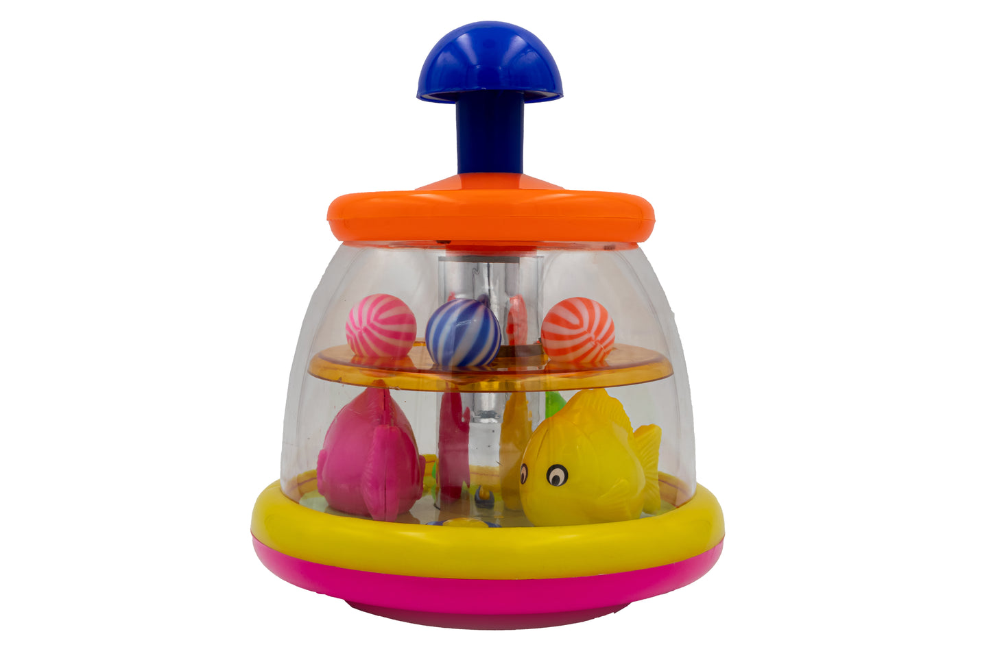 ToyBharat Push & Spin Fish & Ball Toy features a musical spinner with colorful fish and light-up balls. A multicolour interactive toy for toddlers that promotes learning through music, motion, and bright visuals.